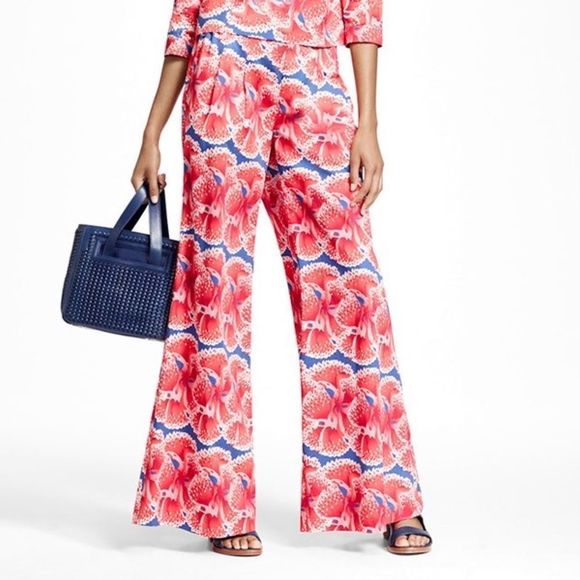 Zac Posen for Brooks Brothers red floral poppy wide leg sateen pants, 4 - Picture 2 of 11